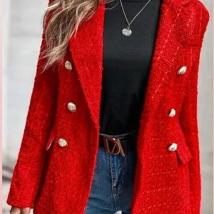 Red tweed/gold button blazer, medium